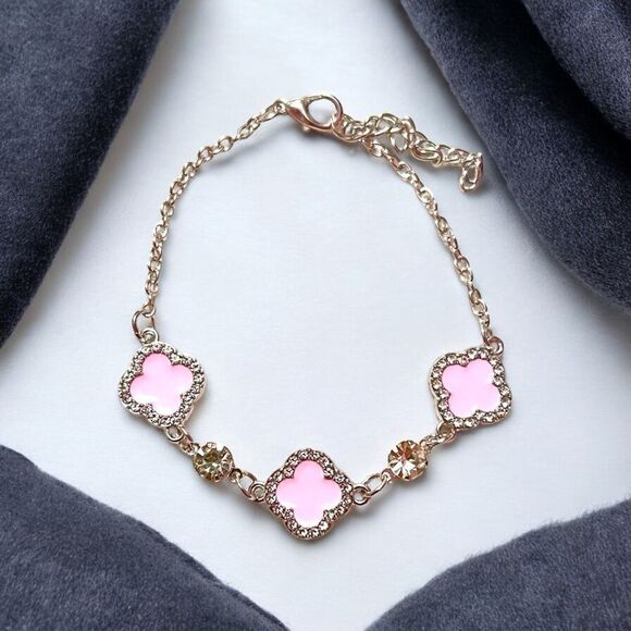 Elegant Pink Clover Rhinestone Silver Tone Bracelet - Picture 1 of 4